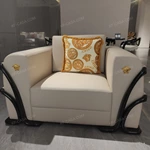 Light Beige Leather Sofa Set with Double-Layer Diamond Quilted Craftsmanship, Black Glossy Curved Natural Wood Veneer & Golden Stainless Steel Accents